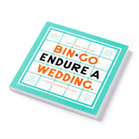 The Brass Monkey Bin-go Endure A Wedding Bingo Book features a turquoise cover with a bingo card design and bold orange and black text. Its a people-watching bingo game perfect for weddings and receptions.