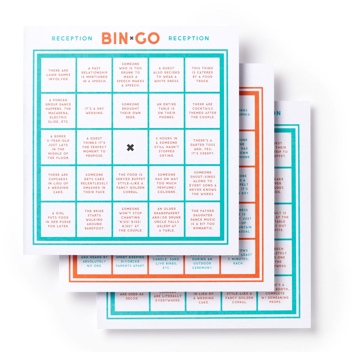 Three colorful Bin-go Endure A Wedding Bingo Books by Brass Monkey are stacked, each filled with funny wedding event scenarios—such as someone cries or the cake is cut—making it the perfect people-watching bingo game for weddings.