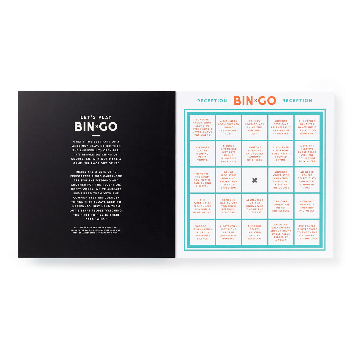 A Brass Monkey Bin-go Endure A Wedding Bingo Book lies open: the left page introduces the game in white text on black, while the right shows a colorful “Reception BIN-GO” card filled with fun wedding bingo prompts.