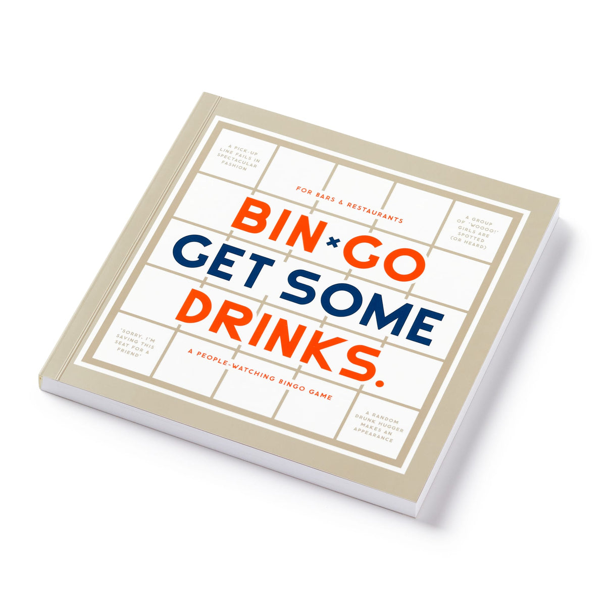 The Brass Monkey Bin-go Get Some Drinks Bingo Book is a square, people-watching game with a beige border and bold orange and blue letters on white, inspired by classic bar and restaurant games.