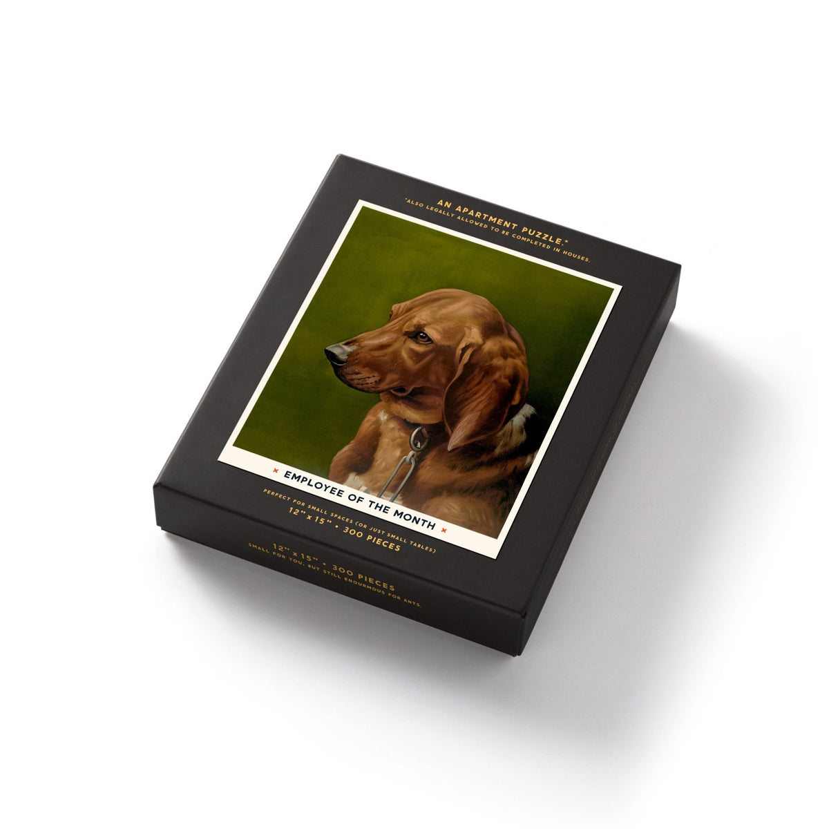 Brass Monkey’s Employee Of The Month 300 Piece Apartment Puzzle features a portrait of a brown dog with long ears and comes in a stylish black box with white and gold text.