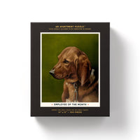 The Brass Monkey Employee Of The Month 300 Piece Apartment Puzzle features a brown dog with a collar, a green background, and measures 12x15—perfect for relaxing in small spaces. Text reads: “Employee of the Month.”.