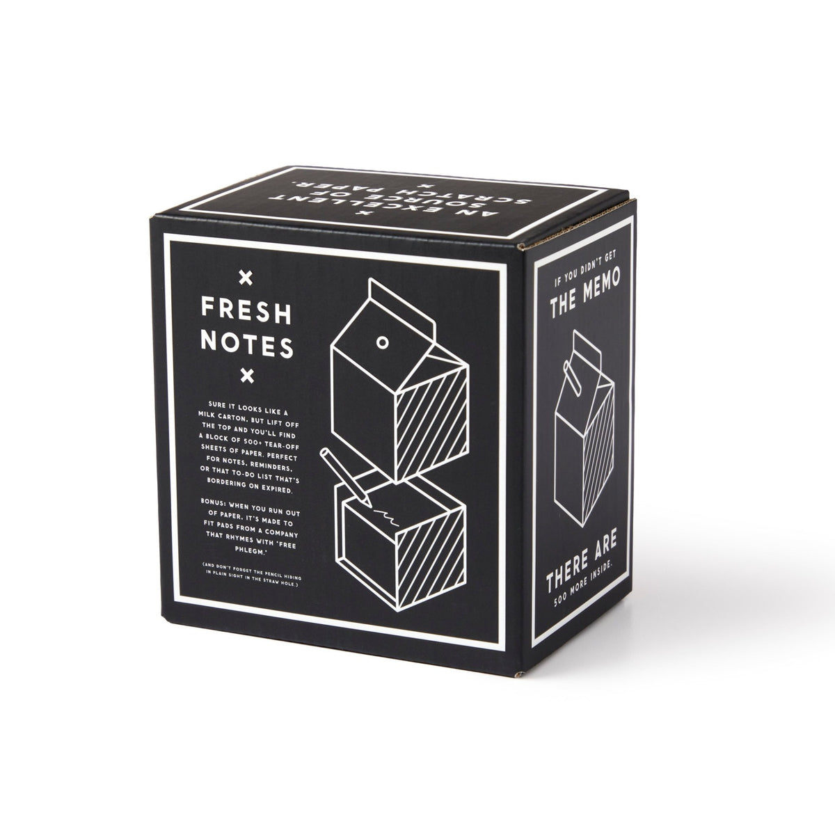 The Brass Monkey Fresh Ideas Milk Carton Note Set is a black, cube-shaped box with white text and milk carton line drawings, containing tear-off sheets for memo notes and creative ideas.