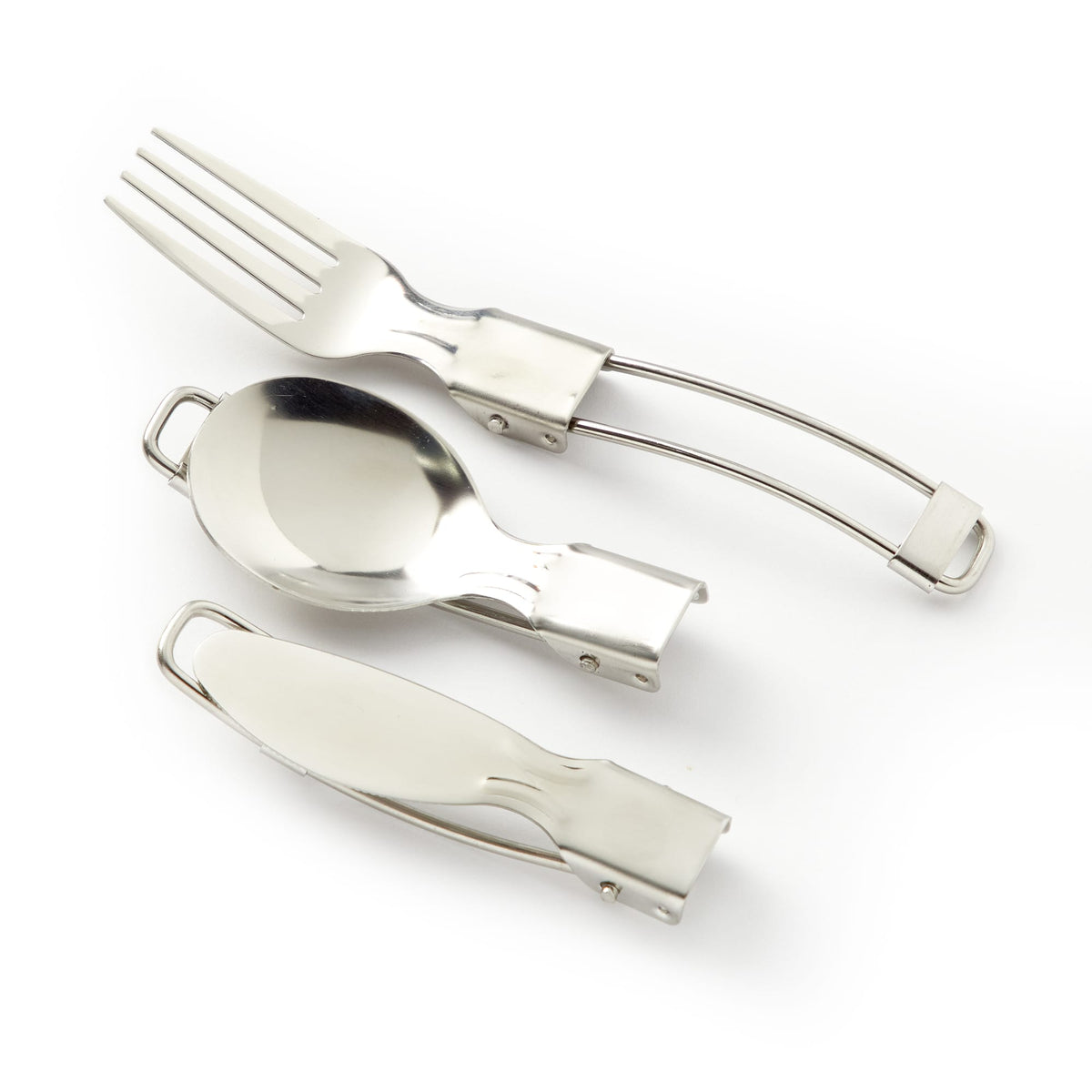 The Brass Monkey Get Lost Camping Survival Kit includes a foldable spoon, fork, and knife with locking handles, shown on a white background—essential cutlery designed for compact storage and outdoor convenience.
