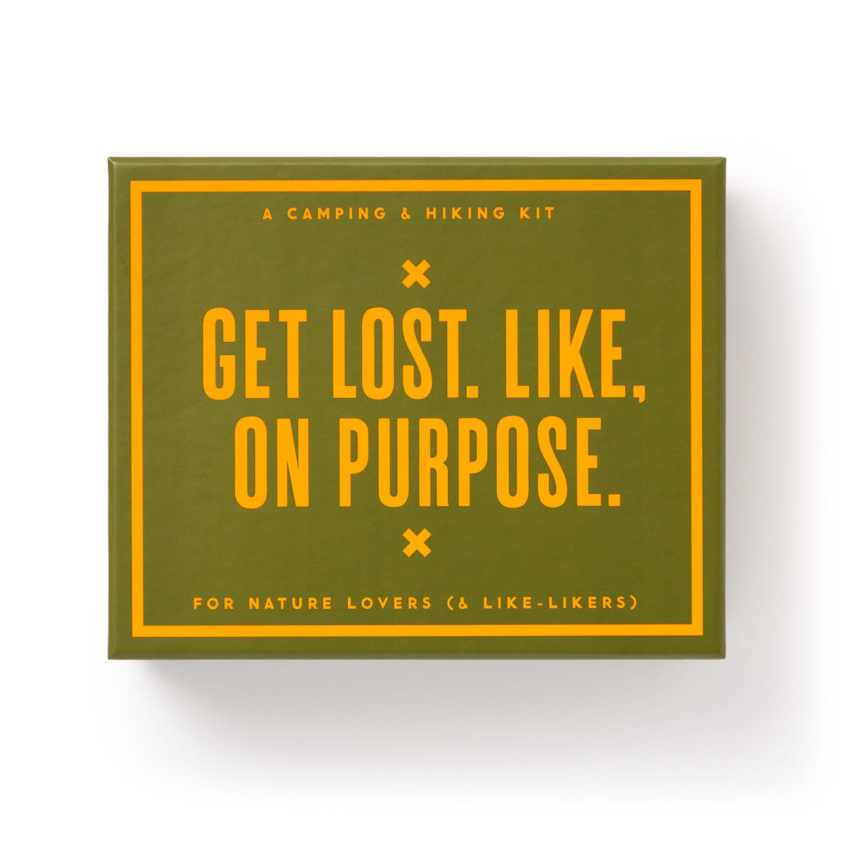 A green box with yellow text: Get Lost Camping Survival Kit by Brass Monkey. Packed with camping essentials for nature lovers (& like-likers). GET LOST. LIKE, ON PURPOSE.