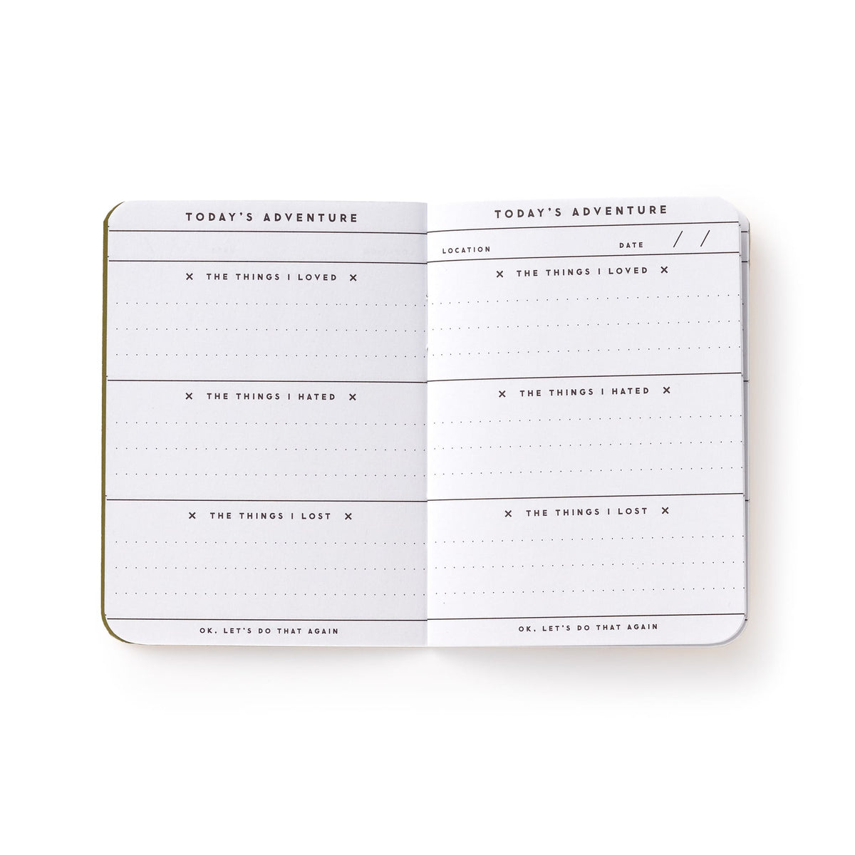 The Get Lost Camping Survival Kit by Brass Monkey includes an open travel journal with prompts like things you loved, hated, lost, plus location and date fields—perfect for capturing daily camping adventures and reflections.