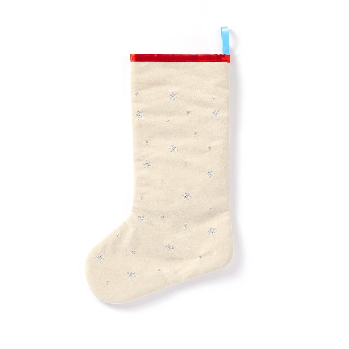 The Here Kitty Kitty Cat Stocking by Brass Monkey is a cream-colored, lined velvet Christmas stocking with silver snowflakes, red top trim, and a blue hanging loop—perfect for vintage holiday décor. Set against a white background.