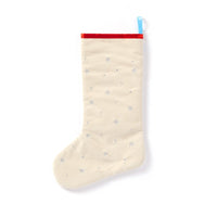 The Here Kitty Kitty Cat Stocking by Brass Monkey is a cream-colored, lined velvet Christmas stocking with silver snowflakes, red top trim, and a blue hanging loop—perfect for vintage holiday décor. Set against a white background.