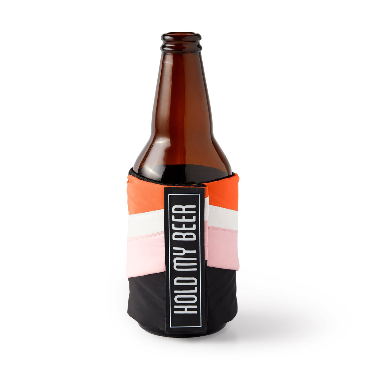 The Hold My Beer Puffyvest Coozie Set by Brass Monkey features a brown glass beer bottle in a colorful neoprene sleeve with orange, pink, white, and black panels and a bold vertical HOLD MY BEER label for insulated drinks.