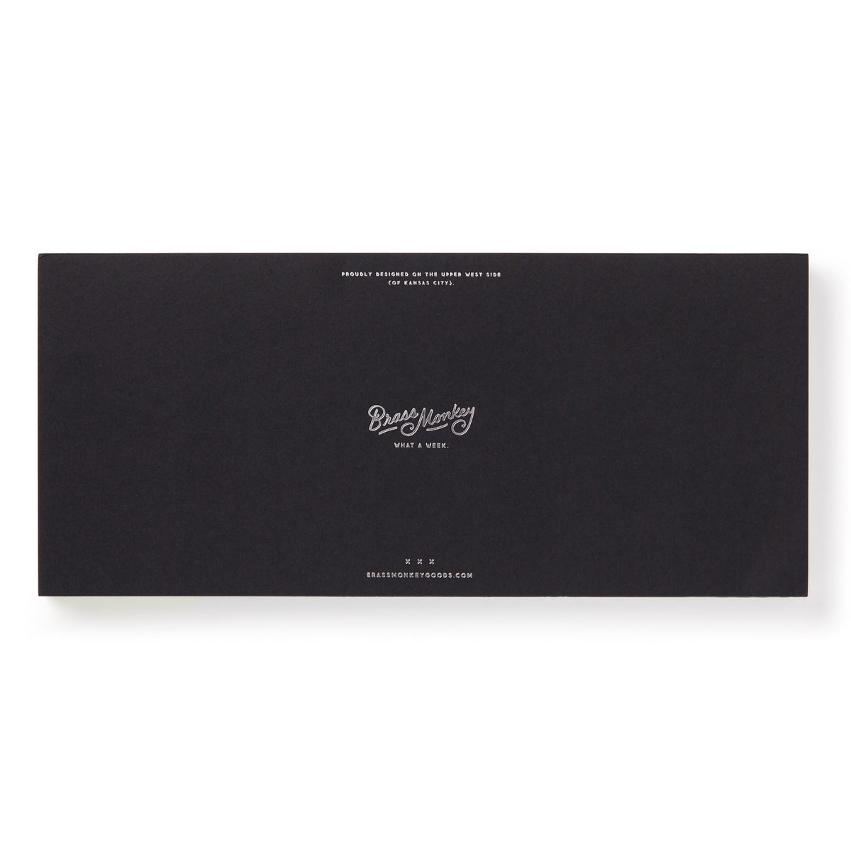 A black rectangular envelope with white center text reading In a Moment of Weekness above the Brass Monkey logo. The design reflects Brass Monkey’s vintage notepad style, with extra small text at the top and bottom.