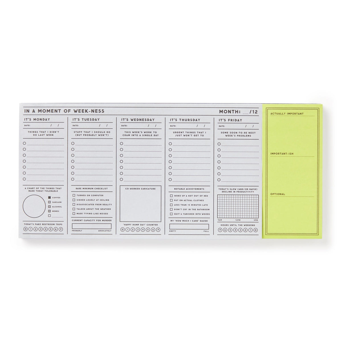 The In a Moment of Weekness Weekly Planner Pad by Brass Monkey is a vintage-inspired tear-off notepad with sections for weekdays, checklists, notes, a habit tracker, and a yellow sticky note for task sorting.