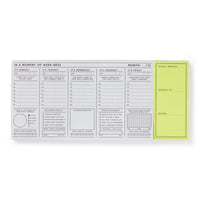 The In a Moment of Weekness Weekly Planner Pad by Brass Monkey is a vintage-inspired tear-off notepad with sections for weekdays, checklists, notes, a habit tracker, and a yellow sticky note for task sorting.