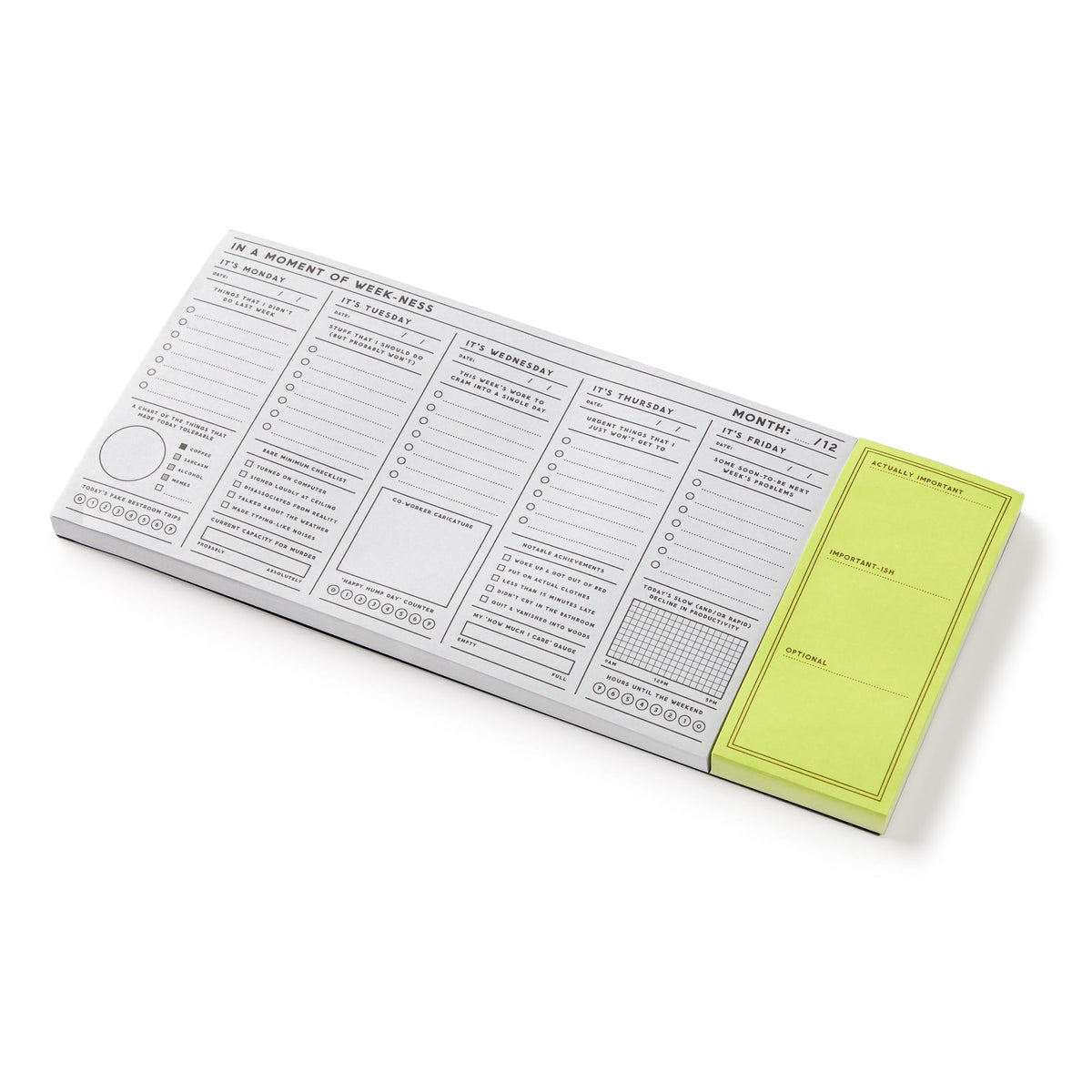 The Brass Monkey In a Moment of Weekness Weekly Planner Pad is a vintage-inspired rectangular notepad with black-on-white weekly planning sections and a bright yellow sticky thoughts pad on the right.