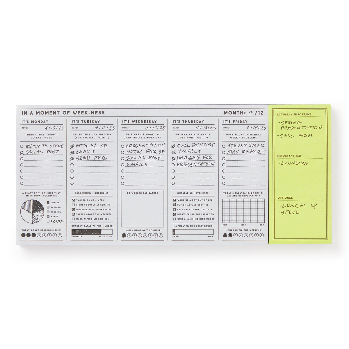 The Brass Monkey In a Moment of Weekness Weekly Planner Pad features handwritten-style sections for each weekday, priorities, to-dos, checkboxes, notes, and a yellow sticky note area for important tasks in a vintage-inspired design.