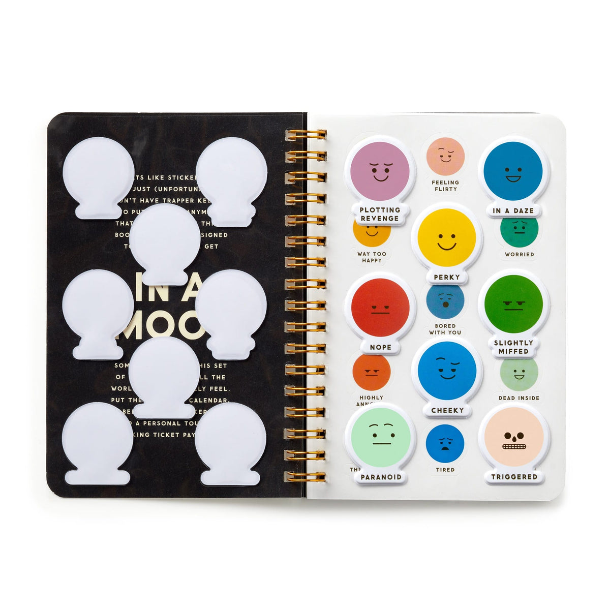 The Brass Monkey In A Mood Sticker Book features an open spiral-bound page with blank sticker shapes on the left and colorful round emoticon stickers on the right, each with unique faces, labels, and moods to express a range of emotions.