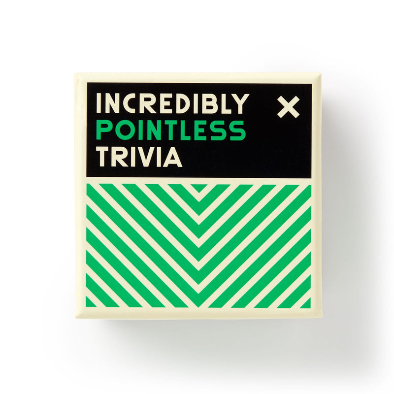A square game box from Brass Monkey titled Incredibly Pointless Trivia in bold white, green, and black text with green and white stripes—perfect for adding quirky trivia questions to your collection.