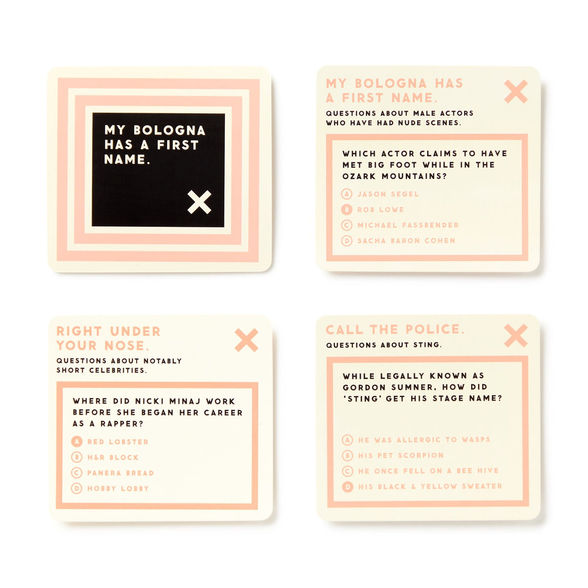 Brass Monkeys Irrelevant Celebrity Trivia includes four square cards with beige backgrounds and pink borders, each featuring fun pop culture questions in black and pink text for an interactive trivia game.