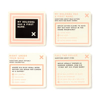 Brass Monkeys Irrelevant Celebrity Trivia includes four square cards with beige backgrounds and pink borders, each featuring fun pop culture questions in black and pink text for an interactive trivia game.