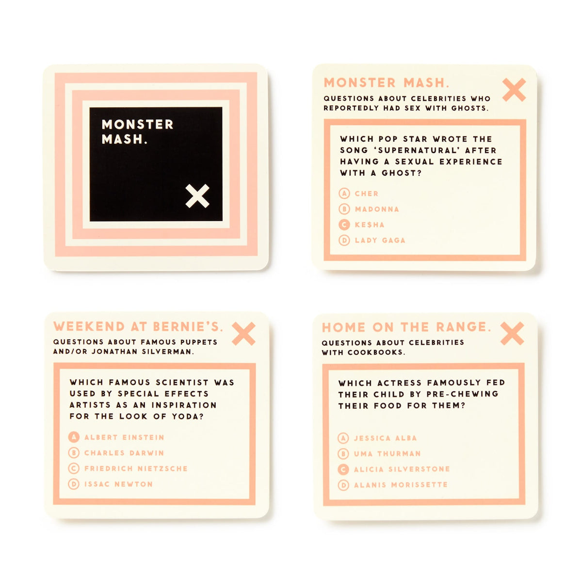 Brass Monkey’s Irrelevant Celebrity Trivia includes four pastel-bordered cards with playful multiple-choice questions about celebrity ghost stories, famous puppets, and bizarre eating habits.