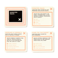 Brass Monkey’s Irrelevant Celebrity Trivia includes four pastel-bordered cards with playful multiple-choice questions about celebrity ghost stories, famous puppets, and bizarre eating habits.