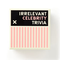 Brass Monkeys Irrelevant Celebrity Trivia comes in a square box with bold lettering, a large X on black, and pink stripes over cream—perfect for fans of obscure celebrity facts.