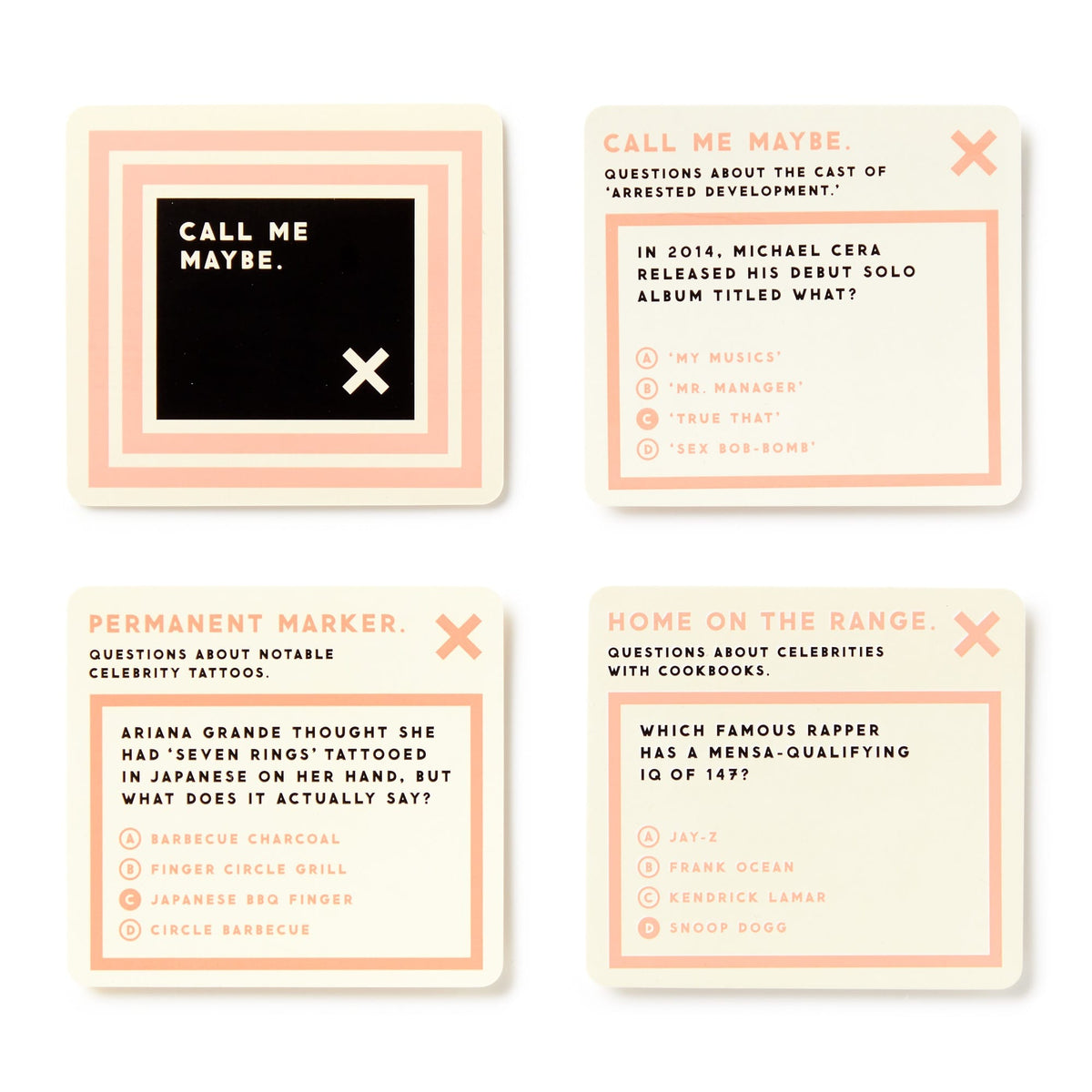 Brass Monkey’s Irrelevant Celebrity Trivia features four square game cards with pastel pink and beige borders. Each card asks a pop culture question—about celebrities, music, or TV—with multiple-choice answers.