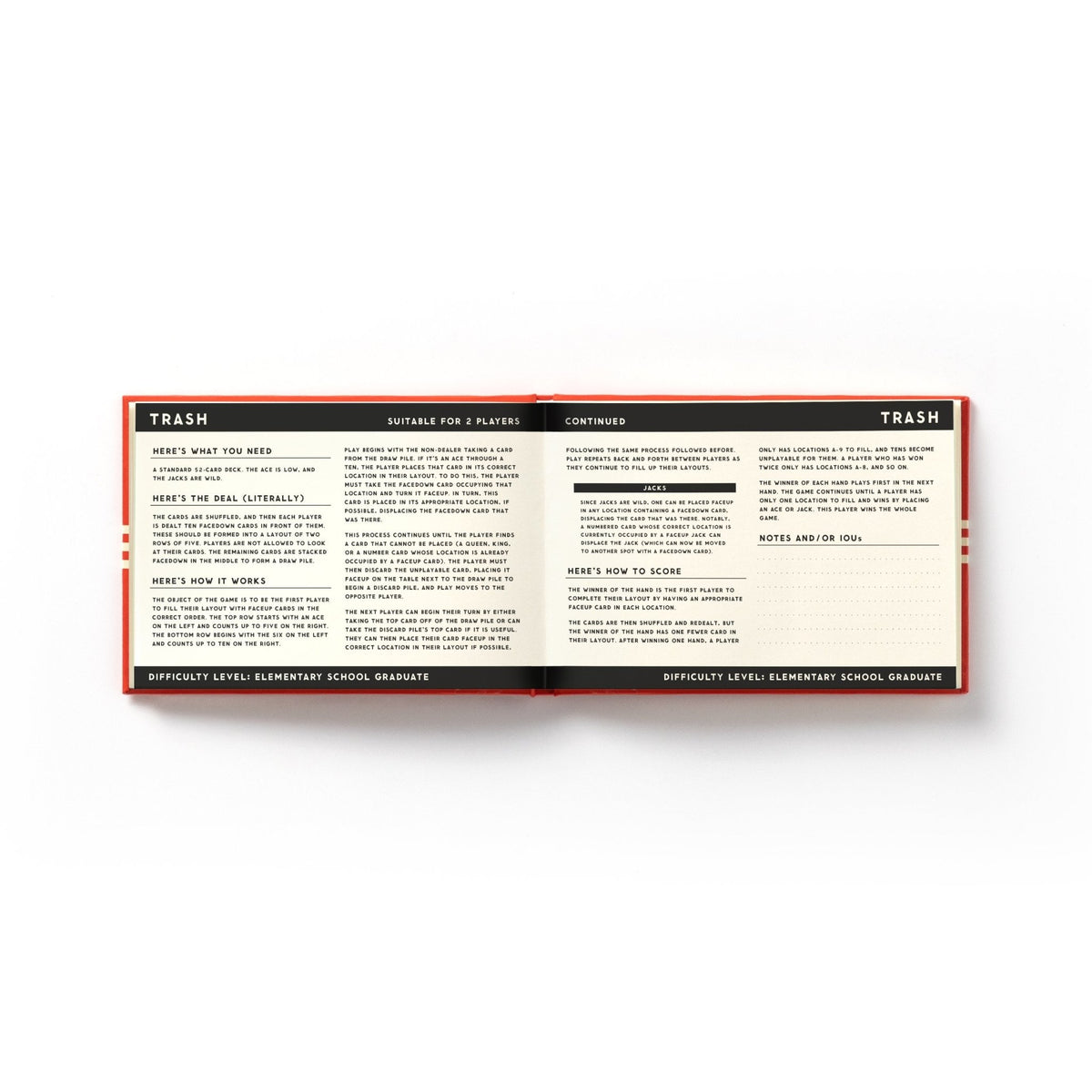 An open book from Brass Monkey’s “It’s In The Cards Playing Card Game Set” displays instructions for Trash, with black and white text, bold headings, a red border, and sections on materials, gameplay steps, winning tips, and notes—ideal for card players.