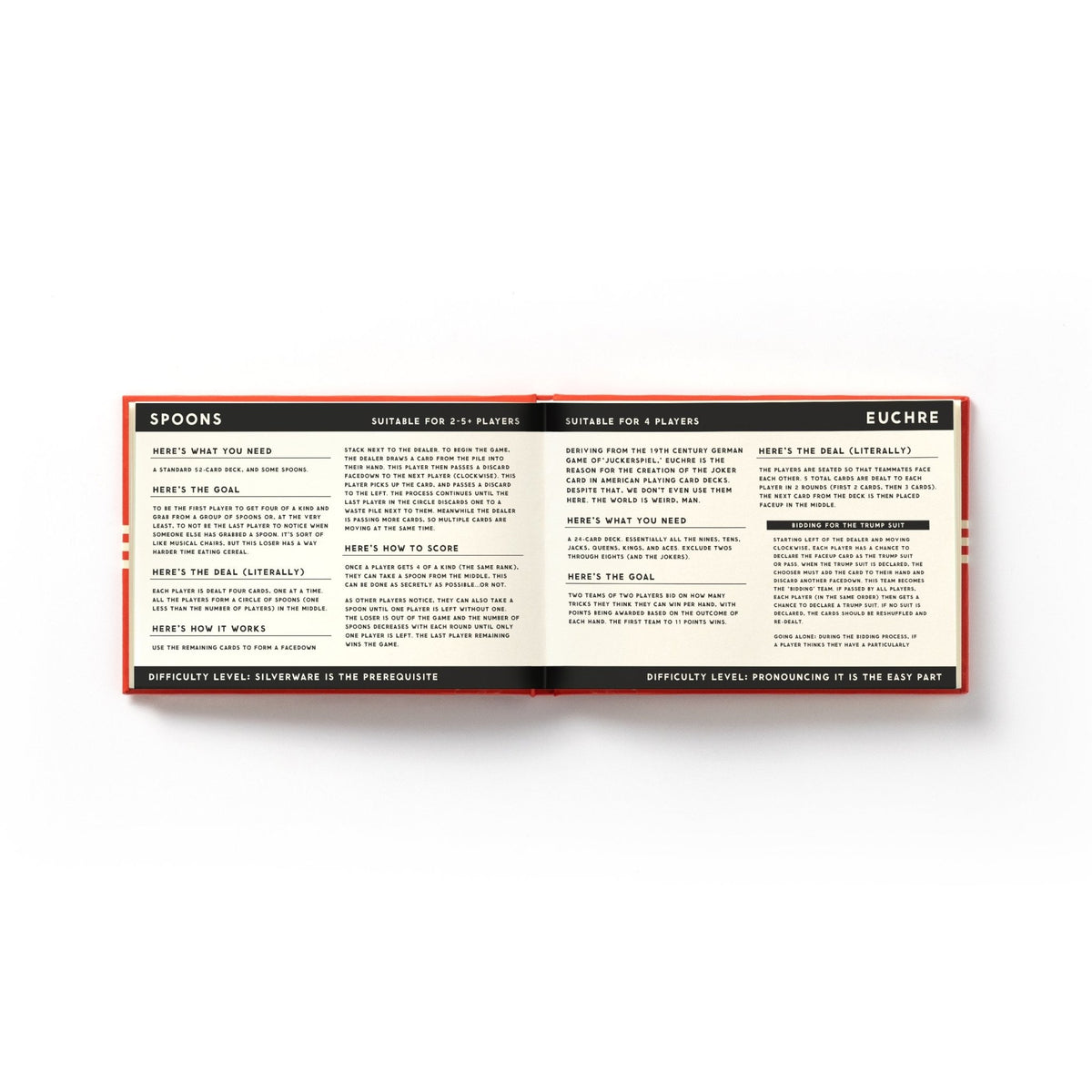 An open book from Brass Monkey’s “It’s In The Cards Playing Card Game Set” shows how to play games like Spoons and Euchre, covering required items, goals, rules, scoring, and difficulty levels for card players.
