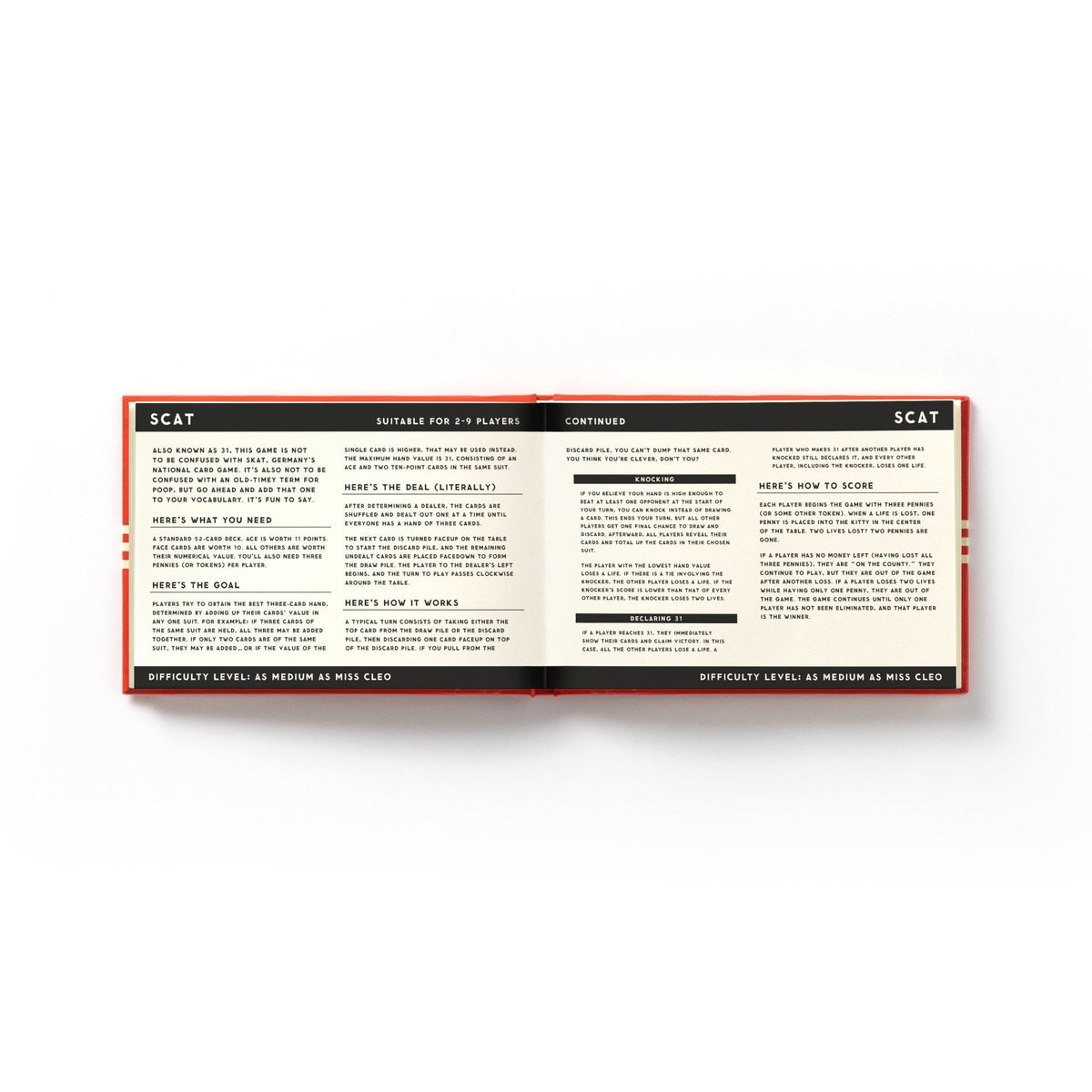 Open book from Brass Monkey’s Its In The Cards Playing Card Game Set shows Scat instructions—covering needed cards, goals, gameplay, scoring, and difficulty—all in black and white text.