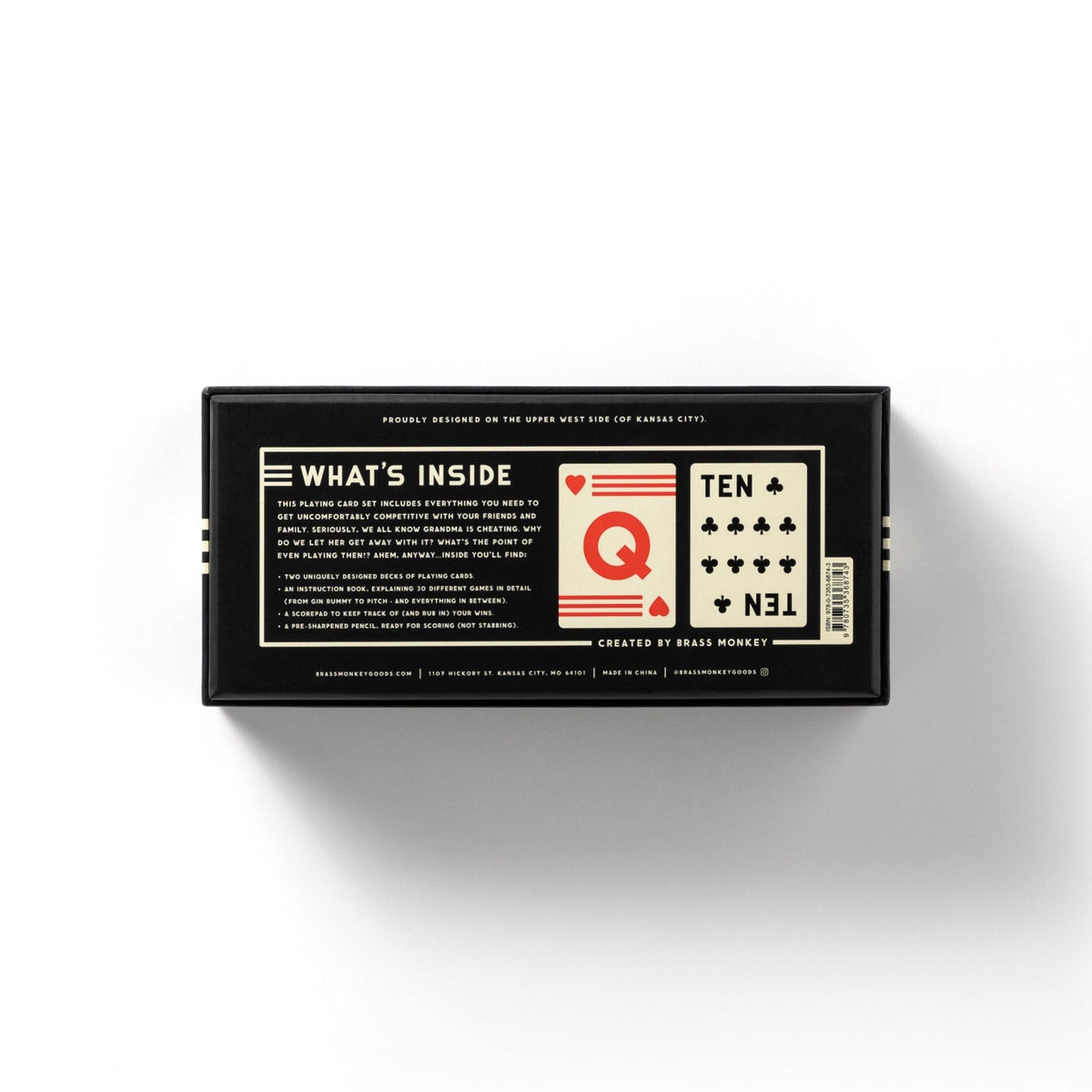 A black rectangular Brass Monkey game box labeled Its In The Cards Playing Card Game Set, featuring images of card players holding a queen of hearts and ten of clubs, plus a description of the box contents.