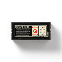 A black rectangular Brass Monkey game box labeled Its In The Cards Playing Card Game Set, featuring images of card players holding a queen of hearts and ten of clubs, plus a description of the box contents.