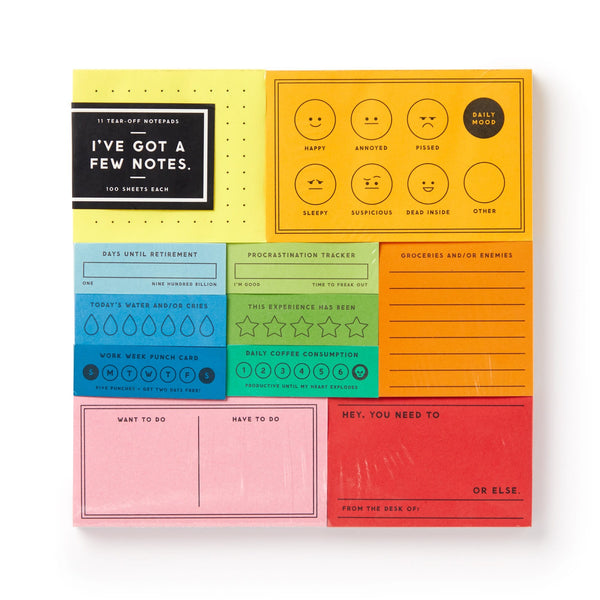 Brighten your desk with the Ive Got A Few Notes Tear-off Notepad Set by Brass Monkey—includes vintage-inspired sticky notes, mood faces, a procrastination tracker, to-do lists, punch card, reminders & daily task notes.
