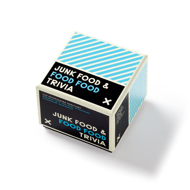 A square box with blue and white diagonal stripes, featuring bold Junk Food & Food Food Trivia text by Brass Monkey on a black background—ideal for testing your food knowledge.