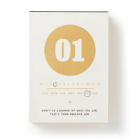 The Brass Monkey Make My Day Undated Desk Calendar features a vintage-inspired page with 01 in a gold circle, FRI highlighted, and the witty quote: “Don’t be ashamed of who you are. That’s your parents’ job.” Minimalist yet fun!.