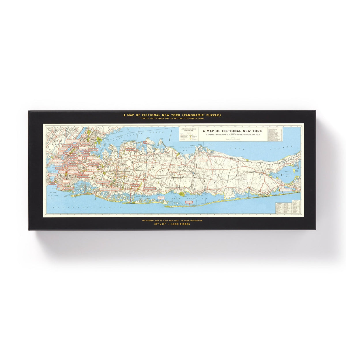 The Brass Monkey NYC Map 1,000 Piece Panoramic Puzzle features a detailed, colorful vintage map of New York City and its surroundings, complete with road and area labels.