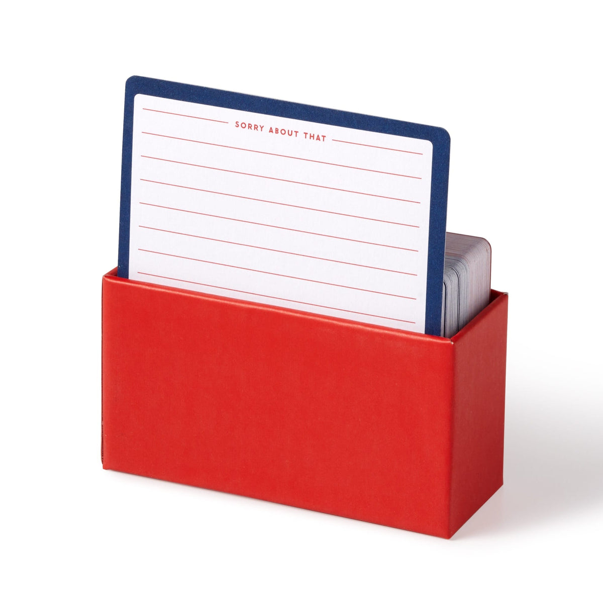 A stack of Brass Monkey’s Oddly Specific Apologies cards comes in a portable red box, with the top notecard displaying “SORRY ABOUT THAT” at the top.