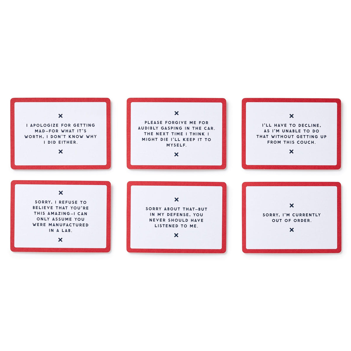 Six Oddly Specific Apologies cards by Brass Monkey feature six unique, humorous excuses in black on white with red borders, arranged in two rows of three—ideal for anyone wanting distinctive apology cards.