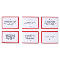 Six Oddly Specific Apologies cards by Brass Monkey feature six unique, humorous excuses in black on white with red borders, arranged in two rows of three—ideal for anyone wanting distinctive apology cards.