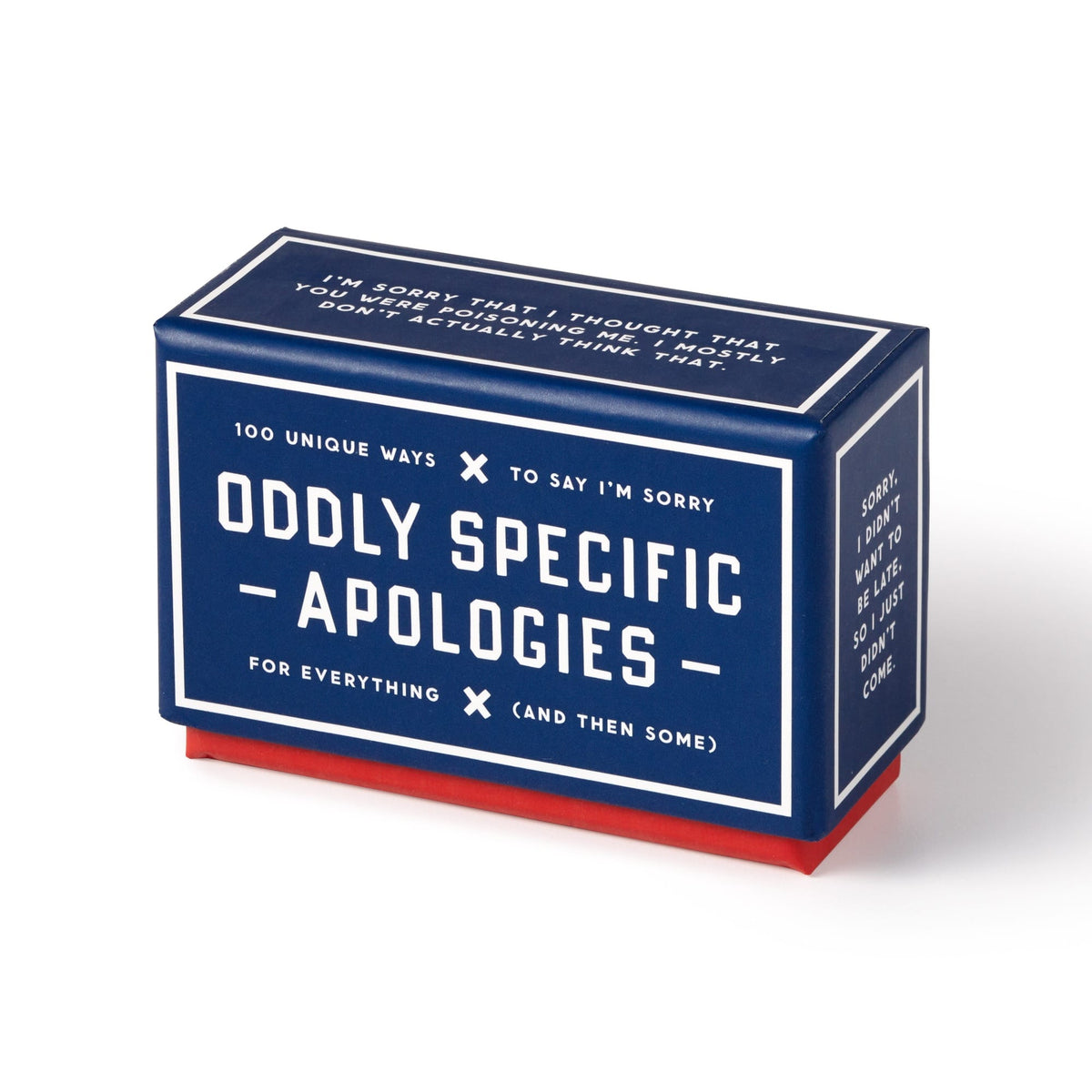 Brass Monkey’s Oddly Specific Apologies is a blue and red portable box with white text, holding 100 unique apology cards for every situation. Extra apology details appear on the top and side.
