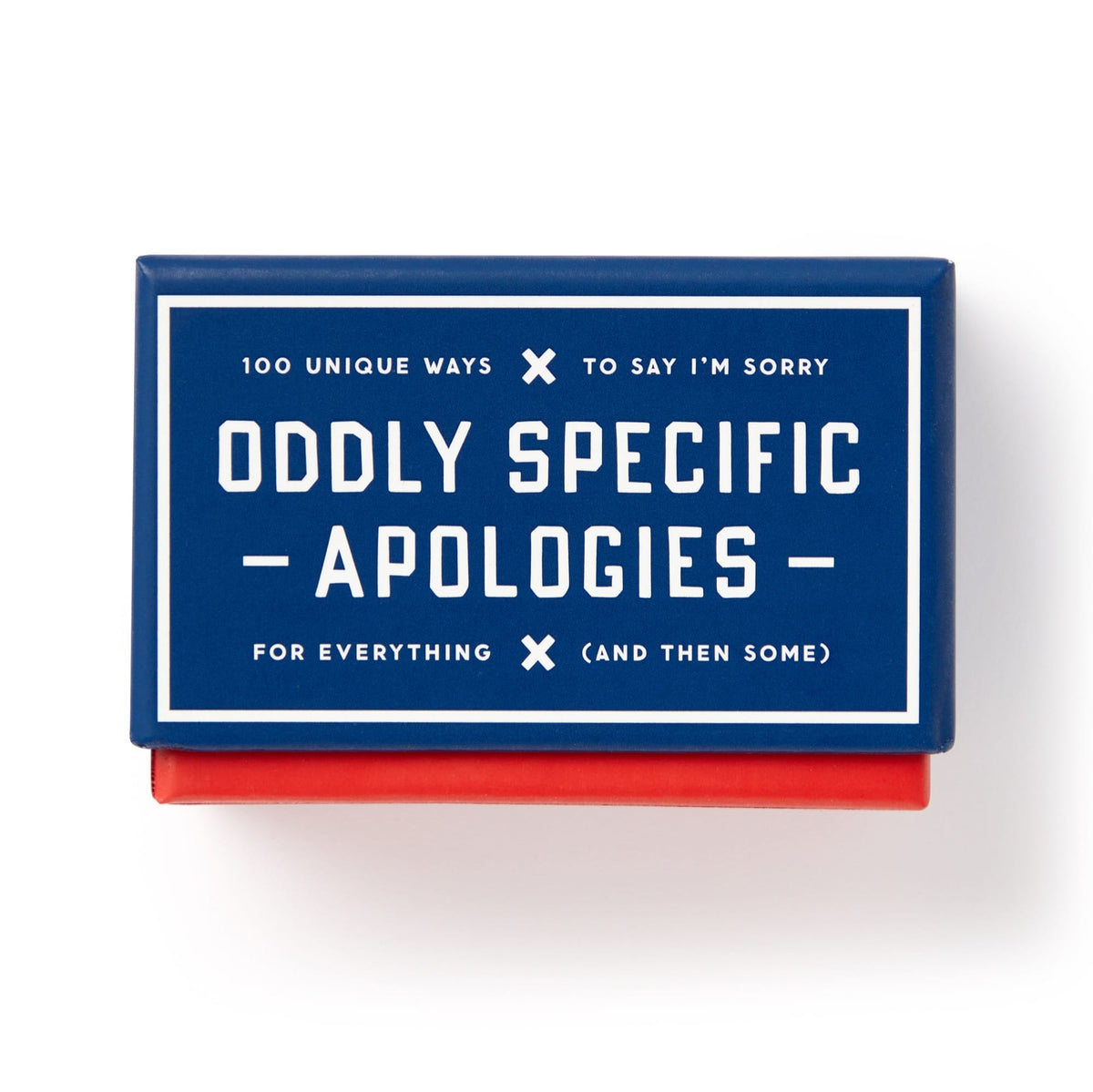 Brass Monkey’s Oddly Specific Apologies is a blue and red rectangular portable box with white text: “100 unique ways to say I’m sorry,” featuring unique apology cards inside for every situation (and then some).
