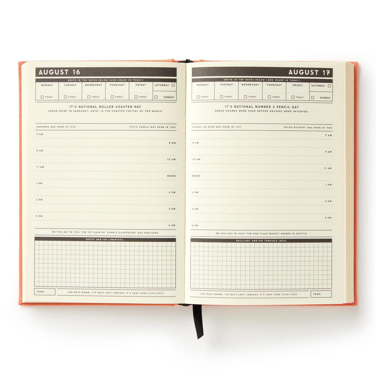 The Brass Monkey Part-Time Adult Undated Daily Planner is open to pages for August 16 and 17, showing schedule, notes, daily focus, and graphs. Both pages list national holidays and include motivational quotes at the bottom.