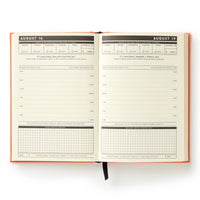 The Brass Monkey Part-Time Adult Undated Daily Planner is open to pages for August 16 and 17, showing schedule, notes, daily focus, and graphs. Both pages list national holidays and include motivational quotes at the bottom.