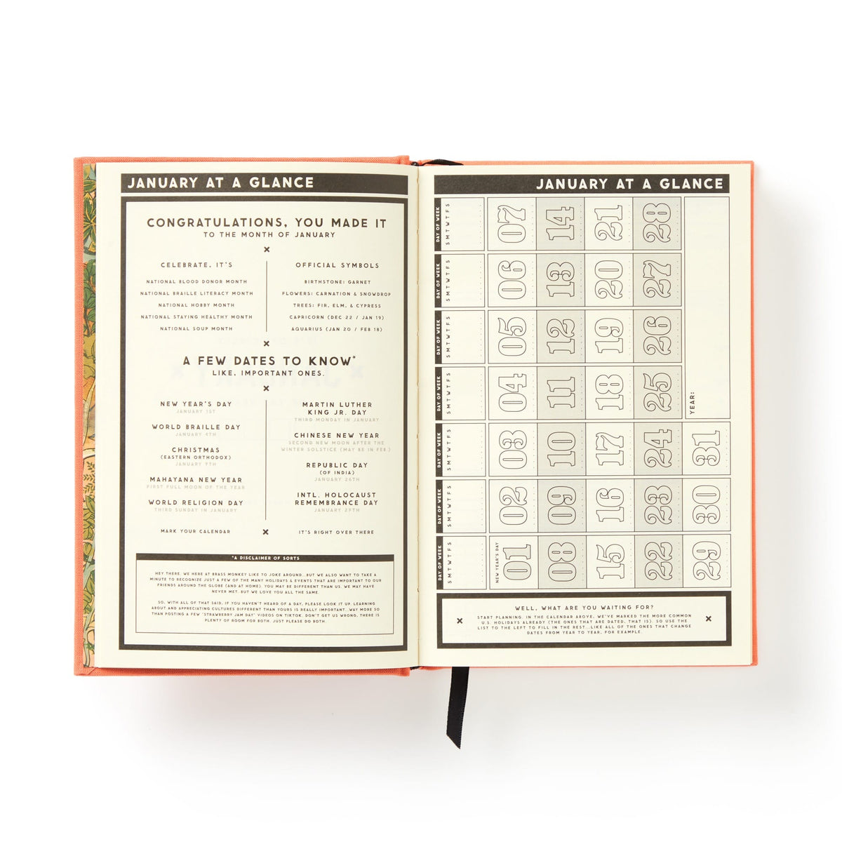 The Brass Monkey Part-Time Adult Undated Daily Planner features a “January at a Glance” spread with important dates, notes, a large-numbered monthly grid, and highlighted holidays and events on the left page.