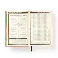 The Brass Monkey Part-Time Adult Undated Daily Planner features a “January at a Glance” spread with important dates, notes, a large-numbered monthly grid, and highlighted holidays and events on the left page.