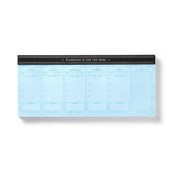 The Brass Monkey Planning Is For The Week Weekly Planner Pad is a blue, vintage-style tear-off pad with weekday and weekend sections, lined spaces for notes and tasks, and 100 perforated pages.
