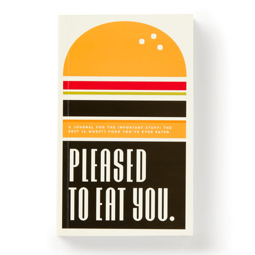 The Brass Monkey Pleased to Eat You Food Journal features a burger graphic and prompts to record your best and worst meals, plus space for restaurant recommendations.