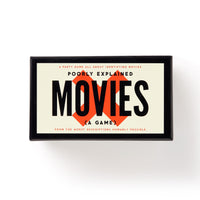 The Brass Monkey Poorly Explained Movies Game comes in a rectangular box with convoluted movie summaries, a red heart behind MOVIES, and the tagline From the worst descriptions humanly possible on a white background—perfect for parties!.
