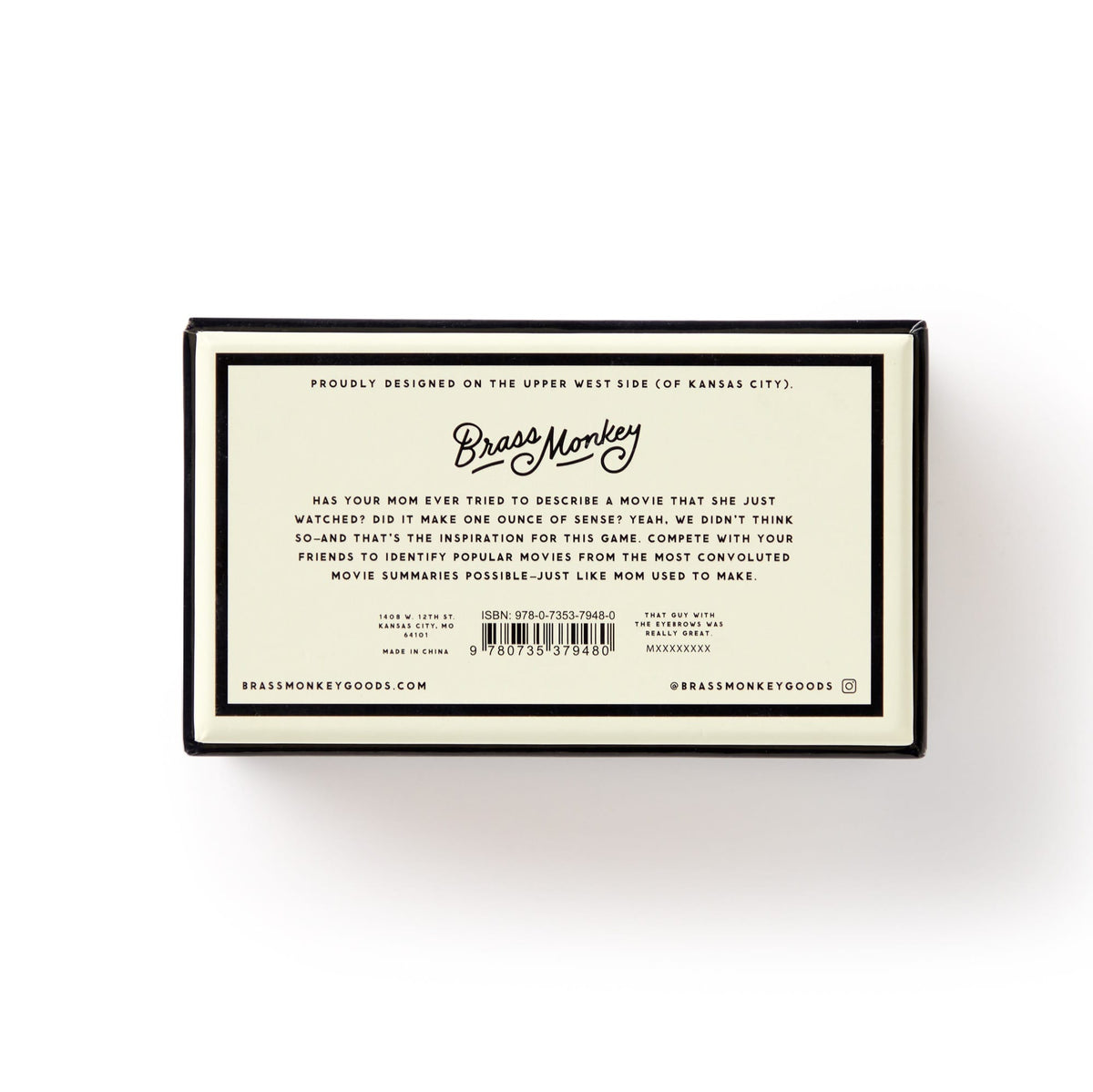 A box labeled in cream with the Brass Monkey logo and playful text introduces the “Poorly Explained Movies Game”—a party game with convoluted movie summaries—plus a barcode and website at the bottom.