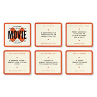 Brass Monkeys Poorly Explained Movies Game features six red-bordered cards with tricky movie clues—including Groundhog Day, Superbad, The Princess Bride, Mary Poppins, and Wall-E—making it a perfect party game!.