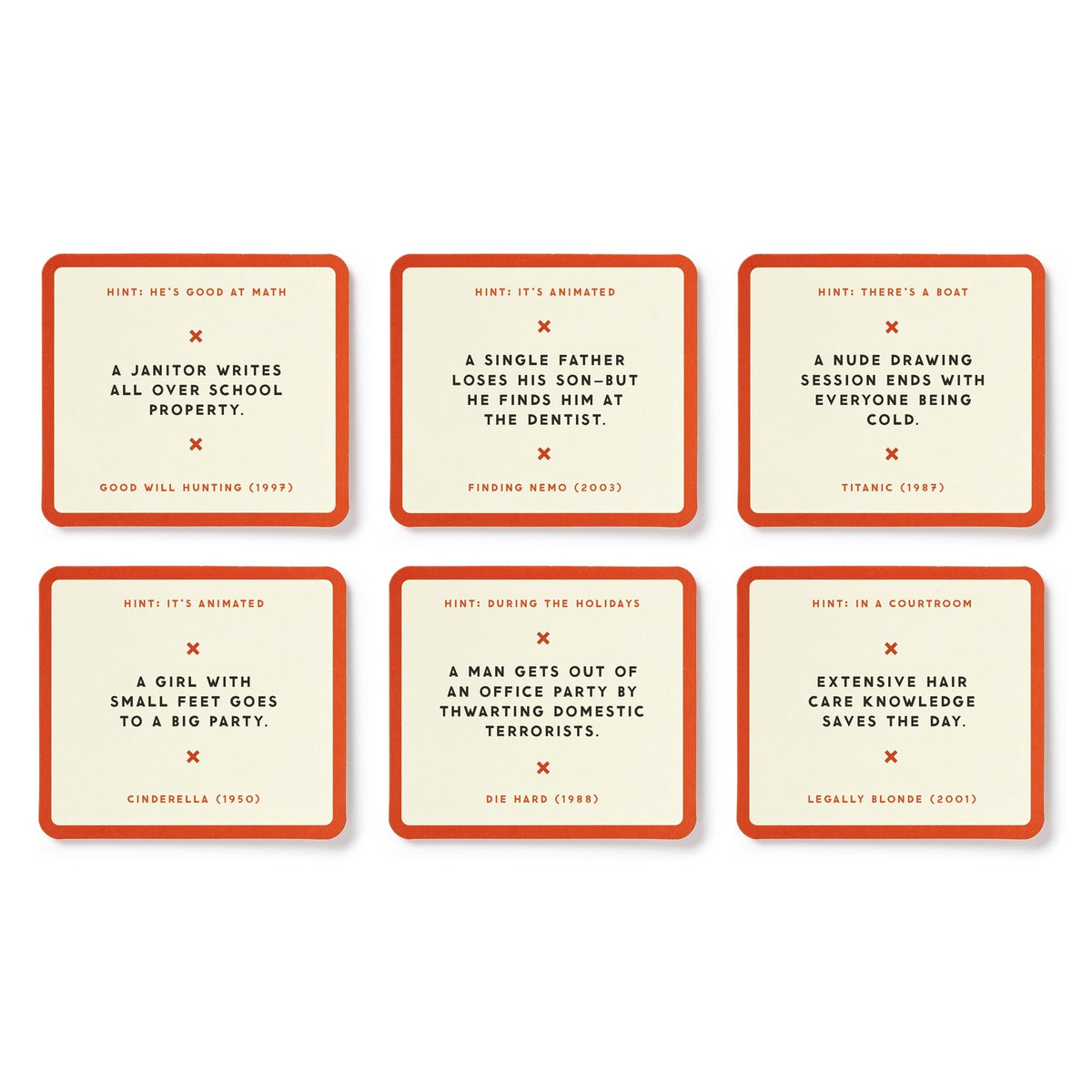 The Poorly Explained Movies Game by Brass Monkey features six cards with funny, convoluted movie summaries—plus hints and titles—for party fun or movie trivia. Includes Good Will Hunting, Finding Nemo, Titanic, Cinderella, Die Hard & Legally Blonde.